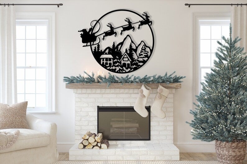 Santa Christmas Sleigh Over Town Metal Art Decor