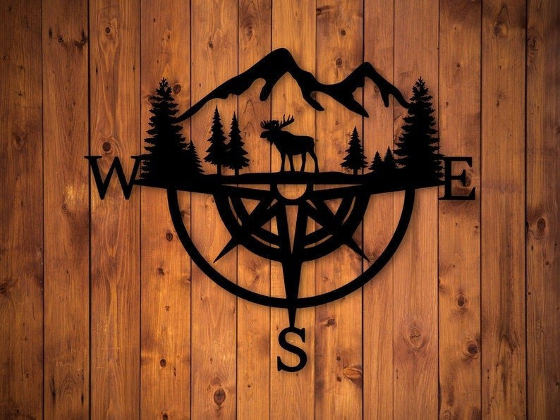 Moose Compass Metal Sign Woodland Animal Wall Decoration