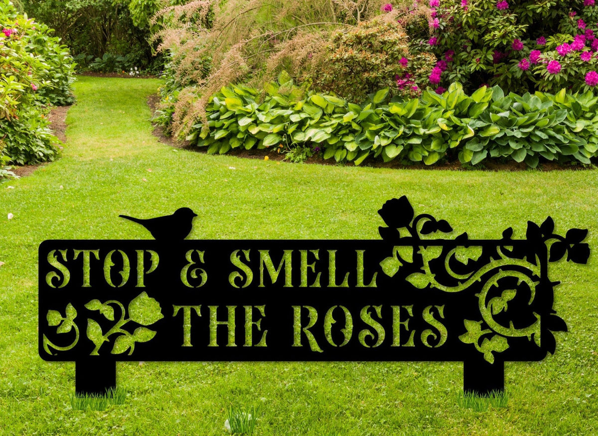 Stop and Smell the Roses Metal Garden Sign - Rose Garden Decor - Front Porch Yard Stake