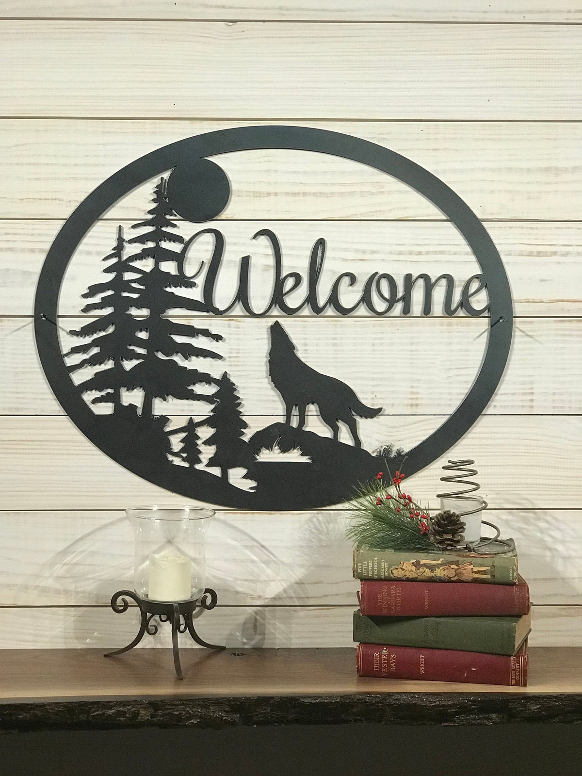 Large Metal Wolf And Moon Welcome Sign 36 Inch Rustic Metal Decor Hunting Gift Large Metal Sign