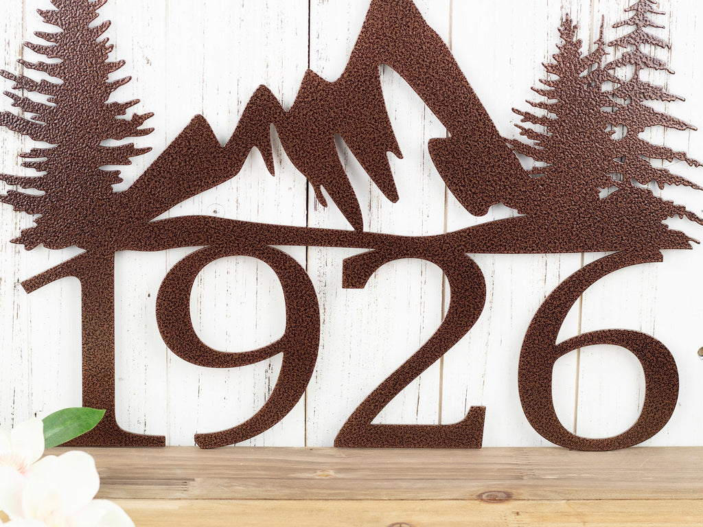 Custom Metal House Number Sign With Mountains Outdoor Address Plaque Rustic Housewarming Gift