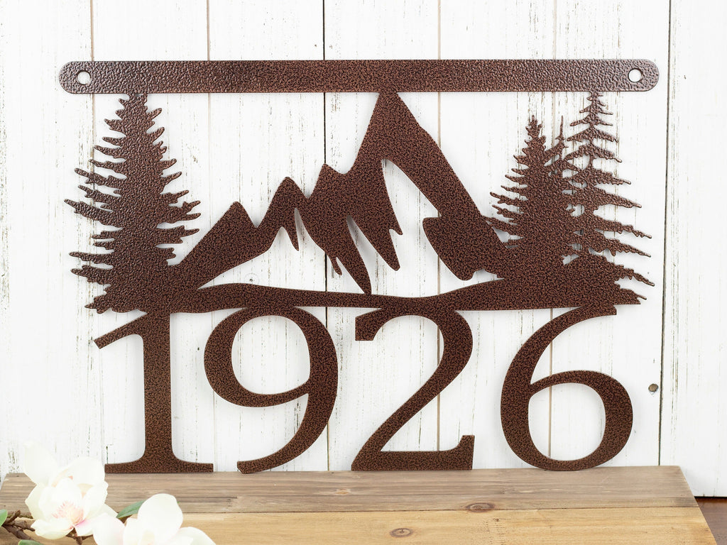 Custom Metal House Number Sign With Mountains Outdoor Address Plaque Rustic Housewarming Gift