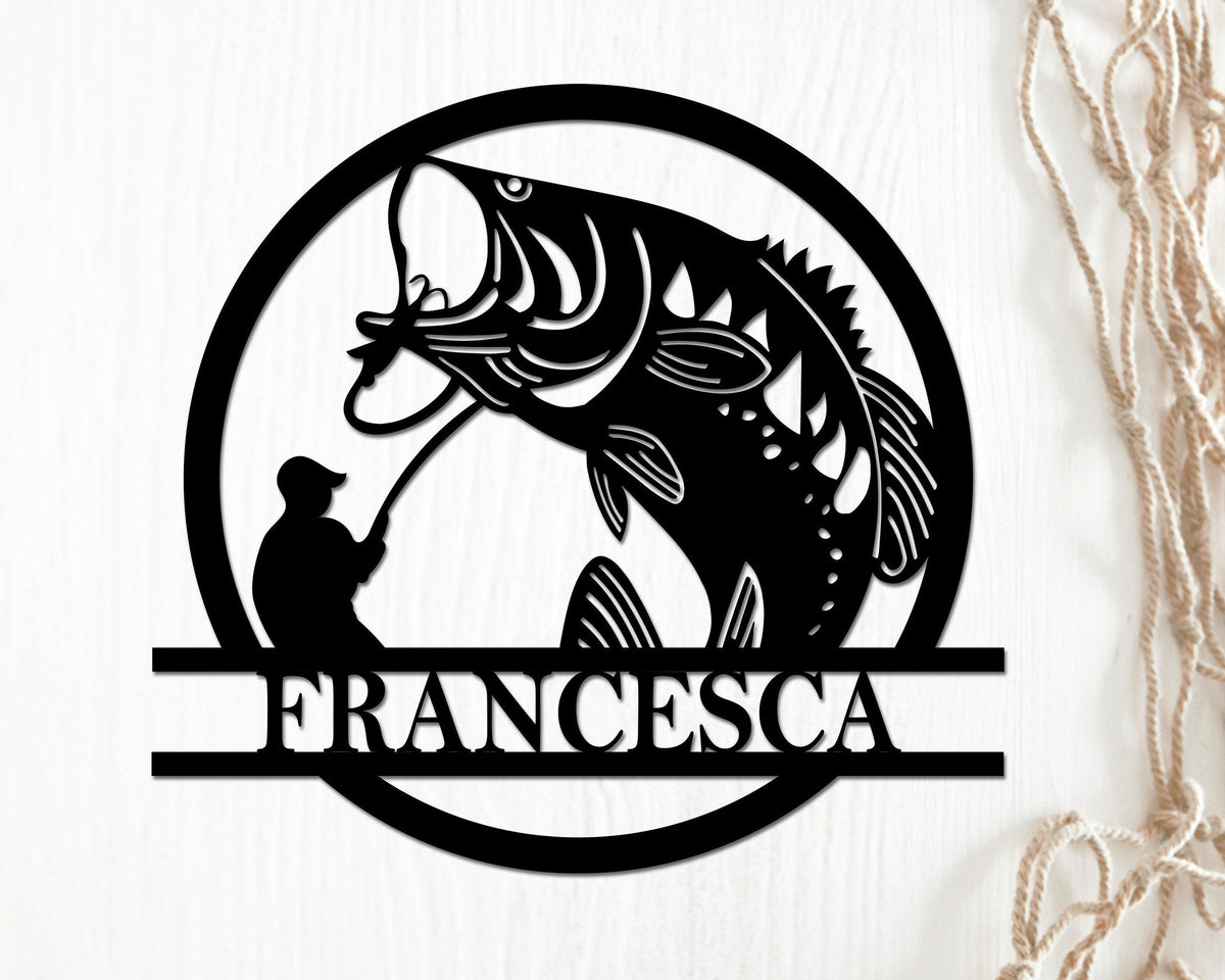 Fish Metal Name Sign Custom Fishing Metal Sign Fisherman Gift Bass Fishing Metal Monogram Fishing Gifts For Men Metal Fish Sign