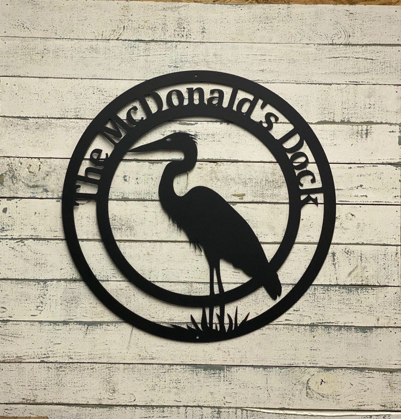 Monogram Heron Decor Heron Family Name Sign Heron Door Hanger Heron Dock Metal Sign Handcrafted Metal Art Decor