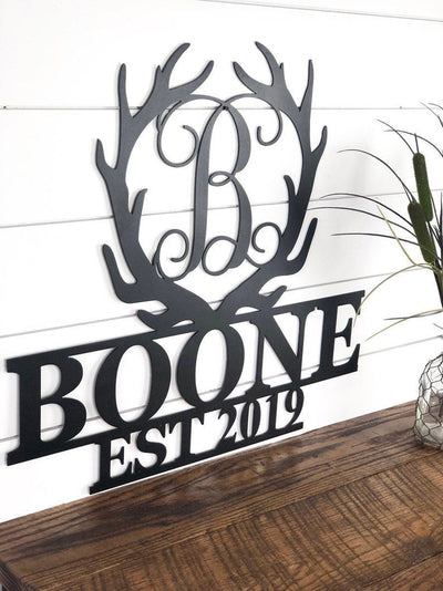 Antler Monogram Family Name Metal Sign Established Family Name Sign Deer Antlers Metal Art