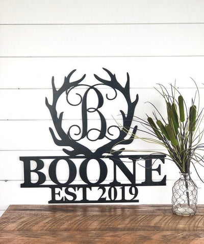 Antler Monogram Family Name Metal Sign Established Family Name Sign Deer Antlers Metal Art