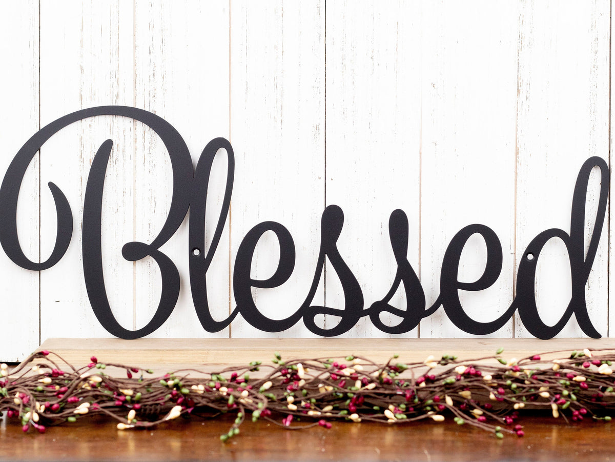 Blessed Sign Family Sign Wall Decor Farmhouse Sign Thankful Sign Gratitude Laser Cut Metal Matte Black Shown