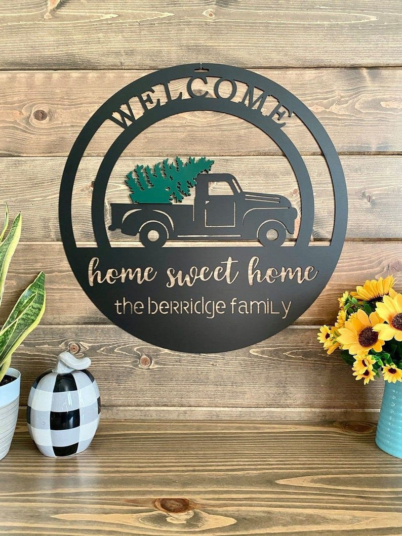 Personalized Christmas Tree Truck Name Sign Custom Metal Farmhouse Sign Mountain Home Welcome Sign Christmas Tree Farm Sign