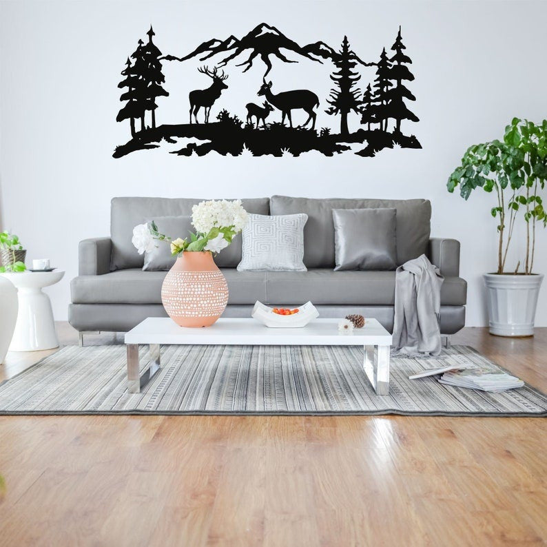 Metal Wall Decor Metal Deer Family Art Tree Mountain Decoration Nature Wildlife Lover Gift Wall Hangings Metal Sign