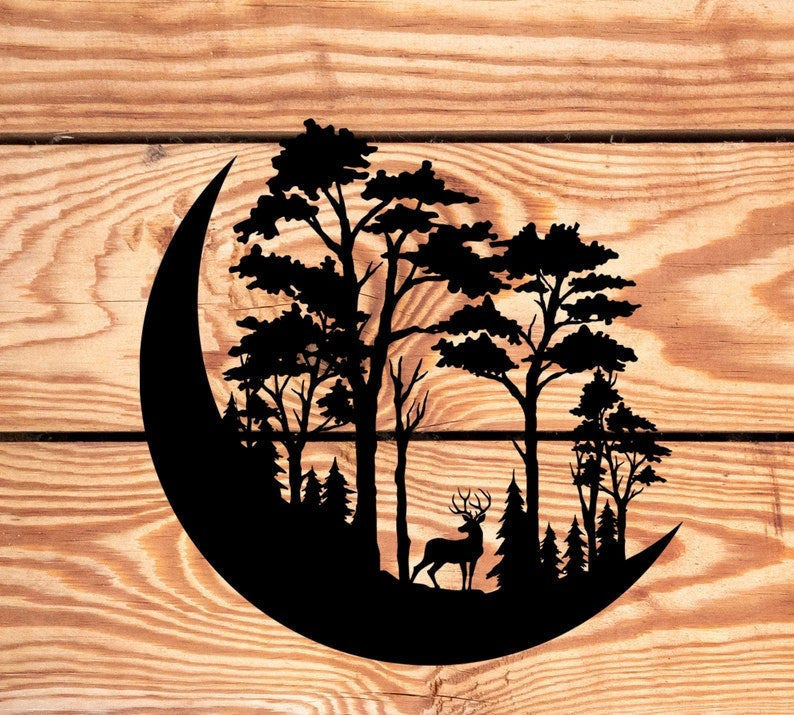 Deer In Forest Crescent Moon Sign Forest Scene Deer Hunting Sign Woodland Decor Handmade Metal Art