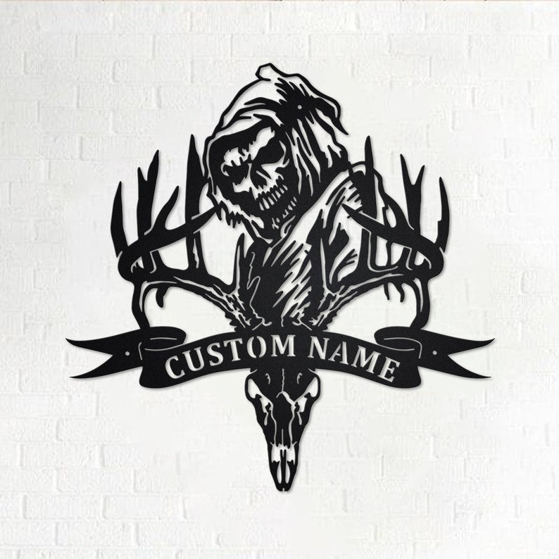 Custom Deer Skull Bone Hunting Grim Reaper Personalized Deer Hunting Name Sign Decoration For Room Deer Hunting