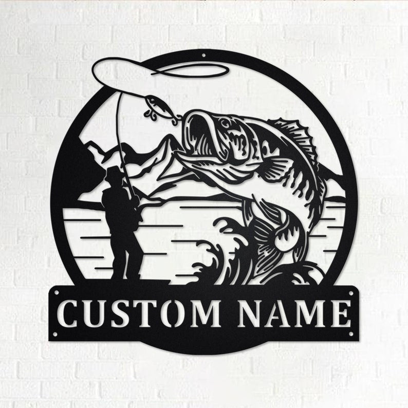 Custom Fisherman Bass Fish Personalized Fisherman Name Sign Decoration For Room Bass Fishing Metal Bass Fishing