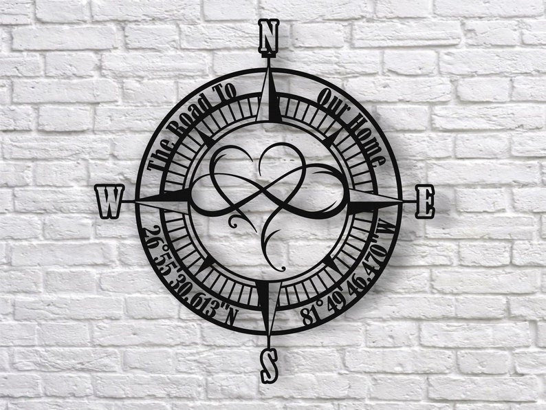 Personalized Infinity Heart Compass Sign Metal Compass Housewarming Gift Wedding Gift Metal Wall Hanging