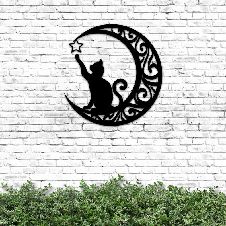 Black Cat On The Moon Metal Sign Black Cat Gift For Cat Lover Wall Hanging Funny Animal Metal