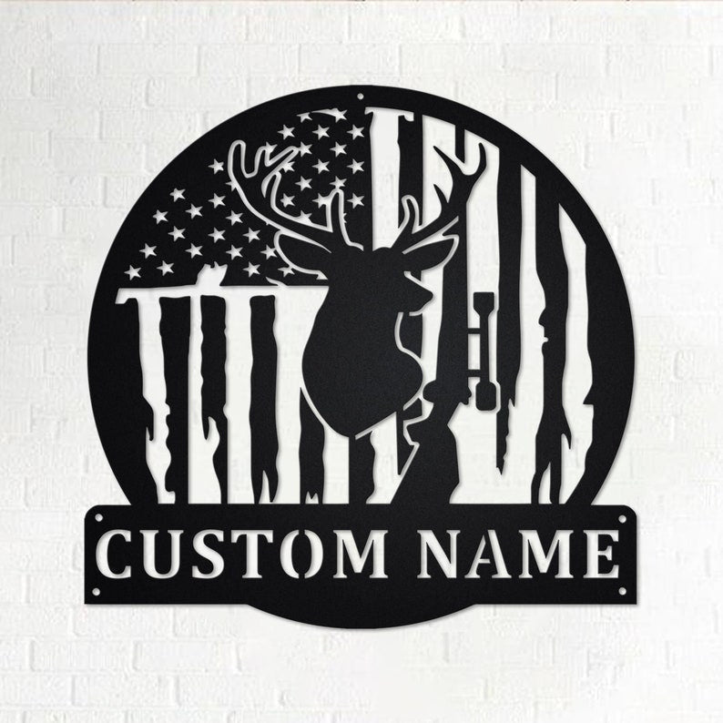 Custom US Flag Deer Hunting Personalized Deer Hunter Name Sign Decoration For Room Deer Hunting Custom Hunter