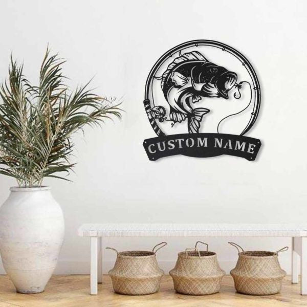 Bass Fishing Fish Pole Monogram Metal Wall Decor Cut Metal Sign Metal House Sign