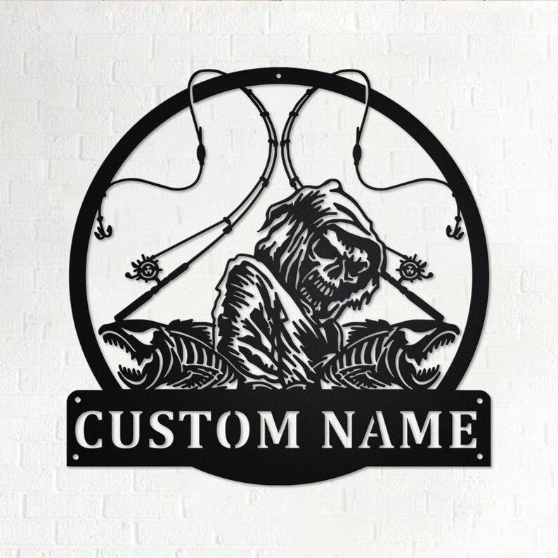 Custom Fish Reaper Skull Personalized Fisherman Name Sign Decoration For Room Fishing Metal Custom Fisherman