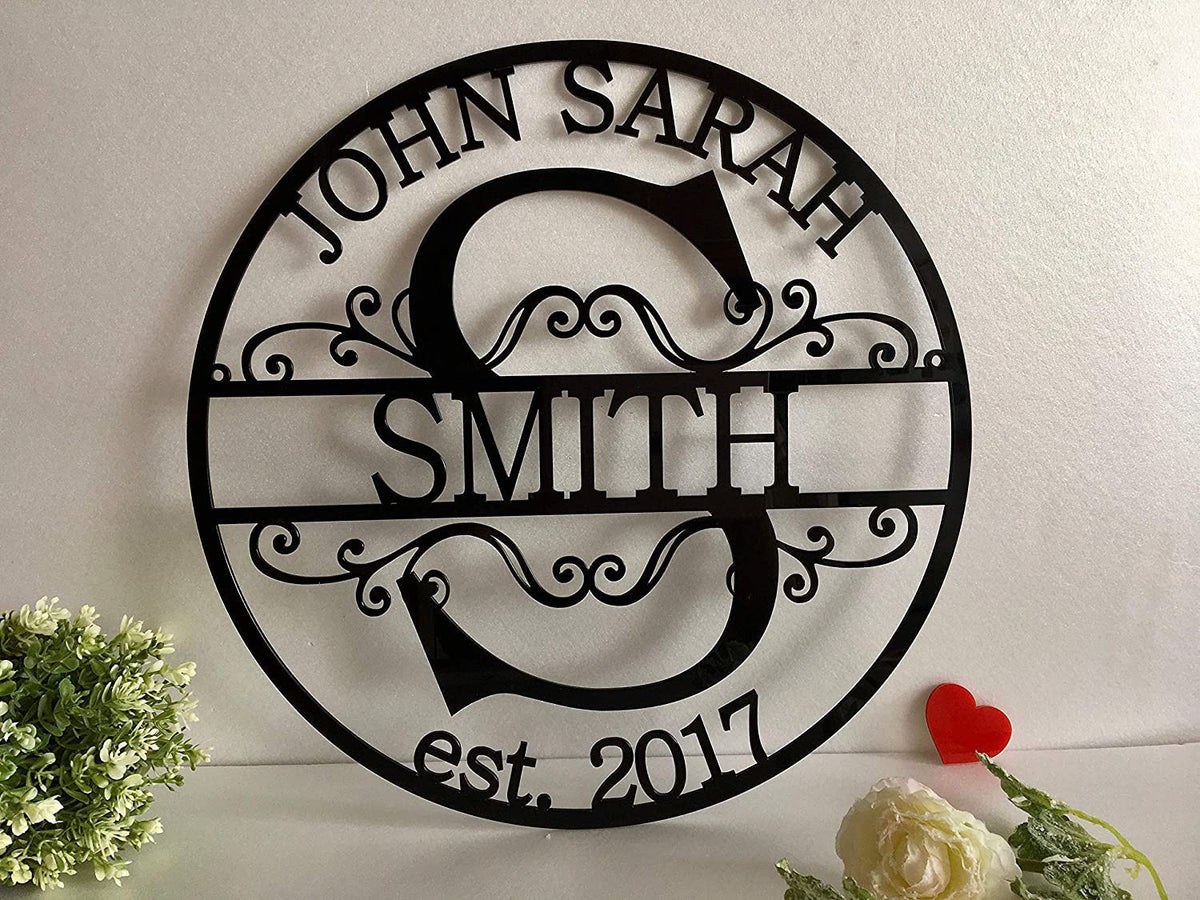 Personalized Family Last Name Sign Initial Split Letter Wedding Gift Custom First Names Est Year Sign Monogram Door Hanger Wall Art