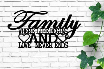 Family Where Life Begins And Love Never Ends Metal Monogram Metal Wall Decor Metal Quote Housewarming Gift Christmas Gift