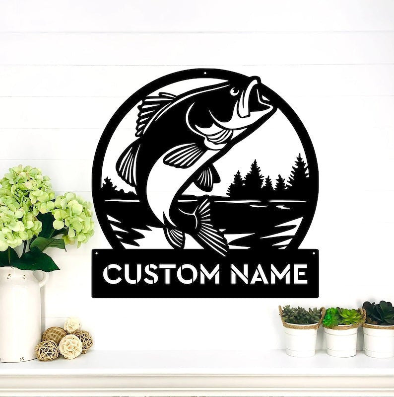 Bass Monogram Jumping Bass Name Sign Lake Fish Bass Fishing Trophy