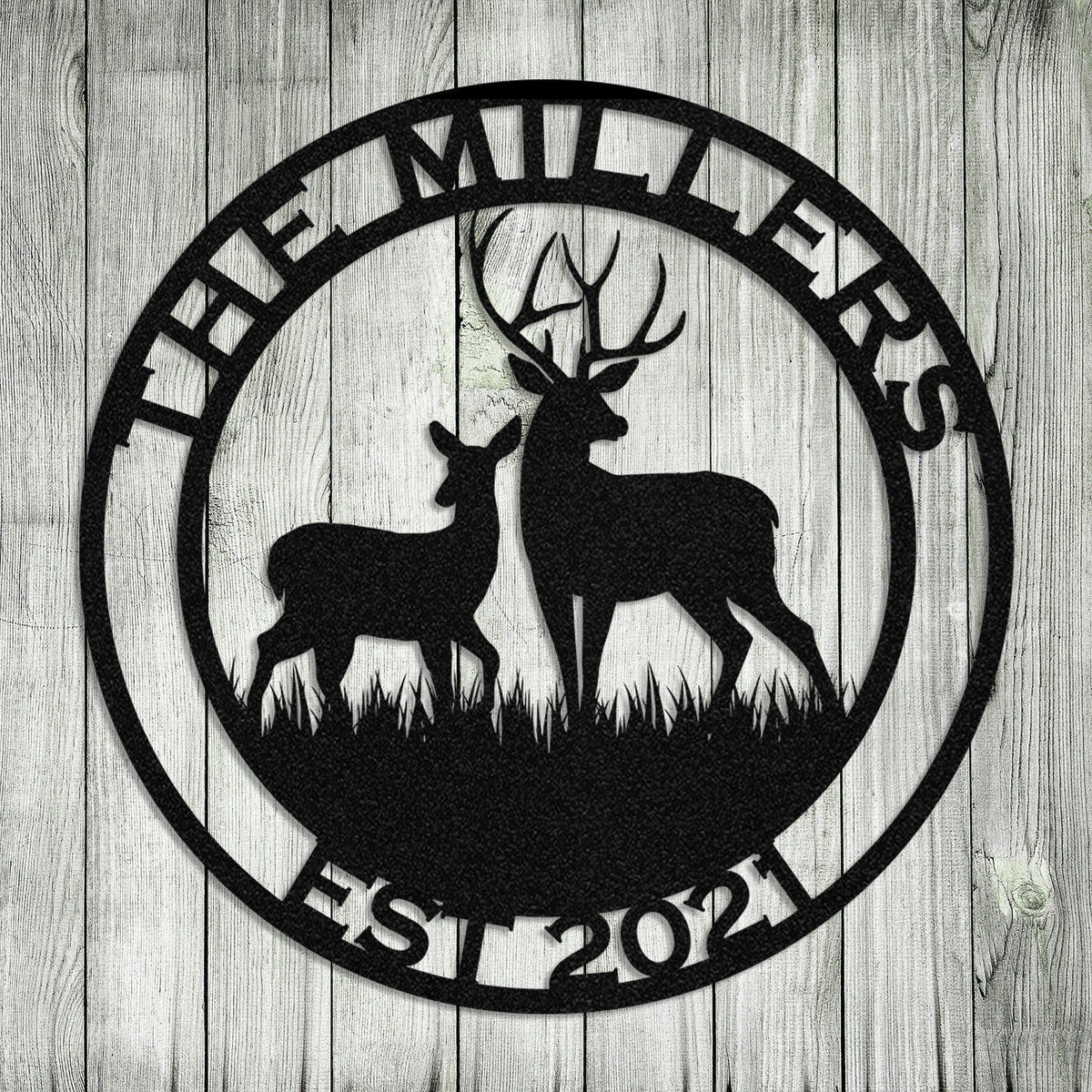 Personalized Family Name Date Deer Doe Hunting Hunter Metal Sign Monogram Custom Outdoor Cabin Lodge Camp Wall Decor Art Gift For Him Dad