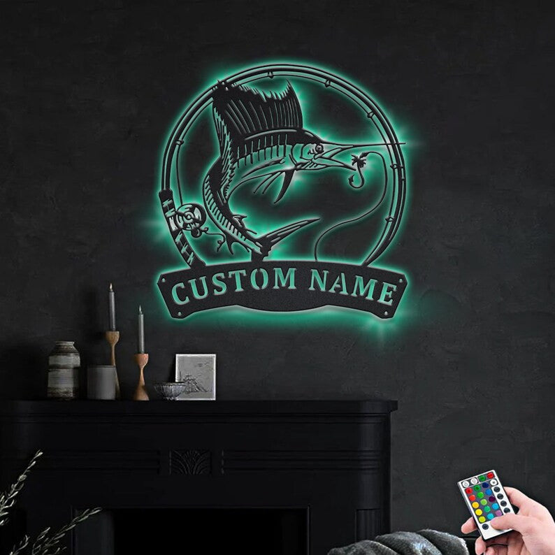 Personalized Sailfish Fishing Fish Pole Metal Sign WITH LED/WITHOUT LED Lights Custom Sailfish Metal Sign Hobbie Gifts Sailfish Sign