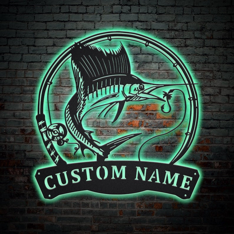 Personalized Sailfish Fishing Fish Pole Metal Sign WITH LED/WITHOUT LED Lights Custom Sailfish Metal Sign Hobbie Gifts Sailfish Sign