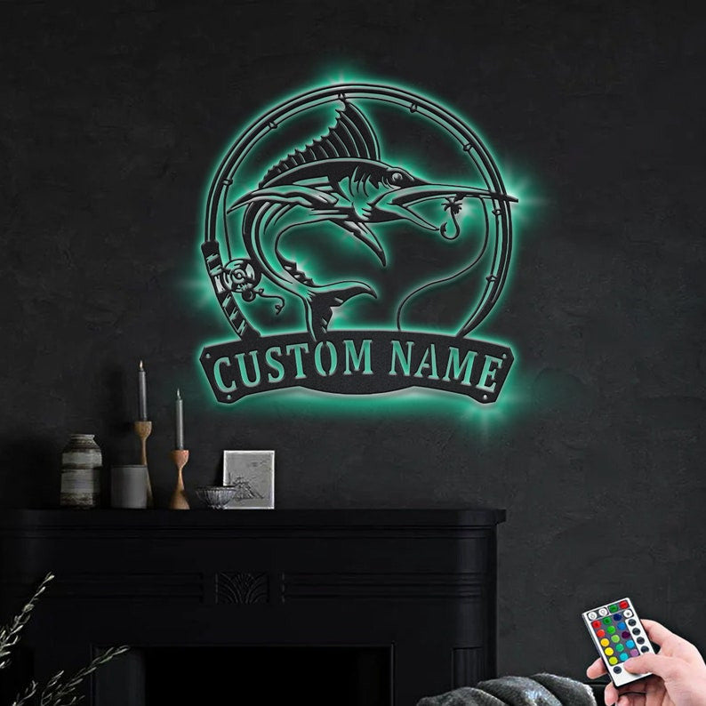 Personalized Marlin Fishing Fishing Fish Pole Monogram Metal Sign WITH LED/WITHOUT LED Lights Custom Marlin Fishing Metal Sign Marlin Sign