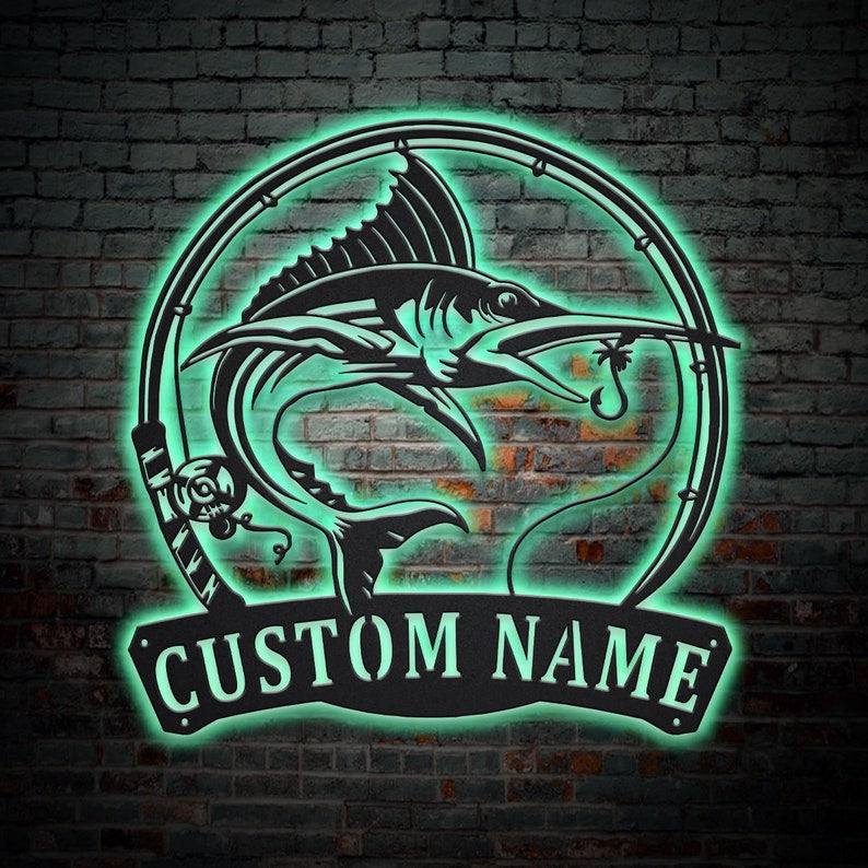 Personalized Marlin Fishing Fishing Fish Pole Monogram Metal Sign WITH LED/WITHOUT LED Lights Custom Marlin Fishing Metal Sign Marlin Sign