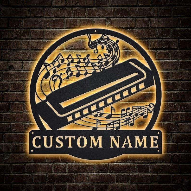 Personalized Harmonica Monogram Metal Sign WITH LED/WITHOUT LED Lights Custom Harmonica Metal Sign Music Gifts Birthday Gift Musical Instrument