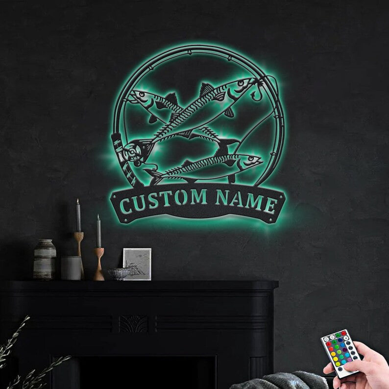Personalized Mackerel Fishing Fish Pole Monogram Metal Sign WITH LED/WITHOUT LED Lights Custom Mackerel Fishing Metal Sign Fishing Gifts