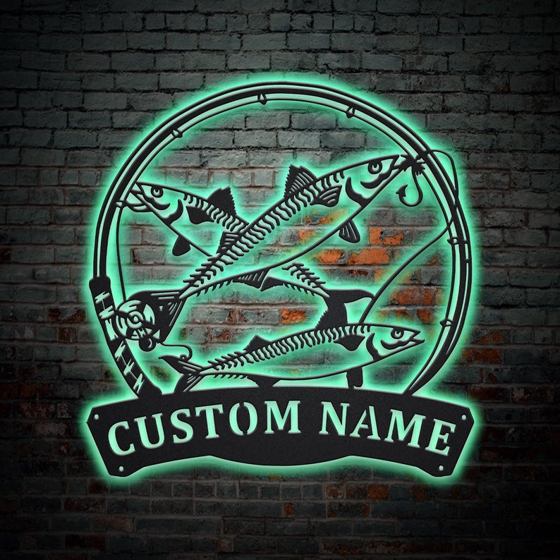 Personalized Mackerel Fishing Fish Pole Monogram Metal Sign WITH LED/WITHOUT LED Lights Custom Mackerel Fishing Metal Sign Fishing Gifts