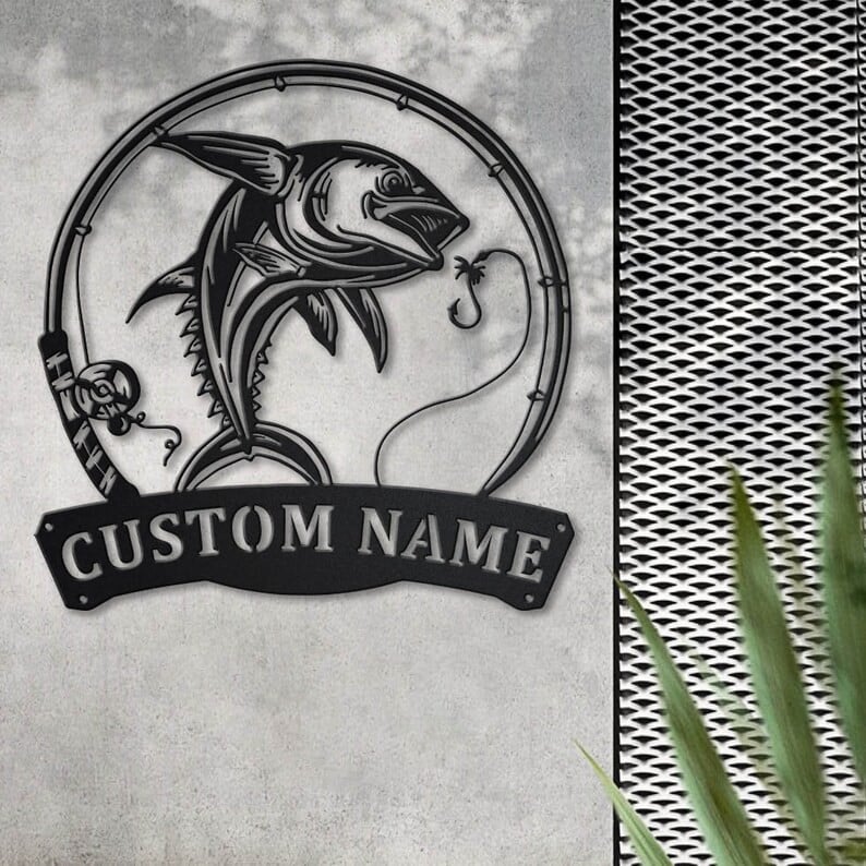 Personalized Dolphin Fishing Fish Pole Metal Sign Art Custom Dolphin Fishing Metal Sign Fishing Gift Decor Decoration Birthday Gift
