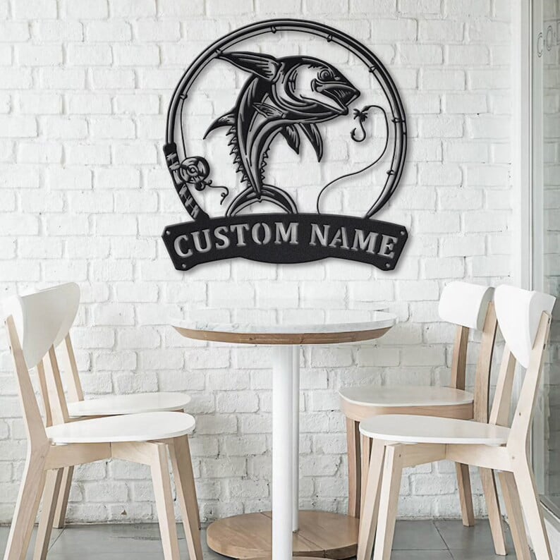 Personalized Dolphin Fishing Fish Pole Metal Sign Art Custom Dolphin Fishing Metal Sign Fishing Gift Decor Decoration Birthday Gift