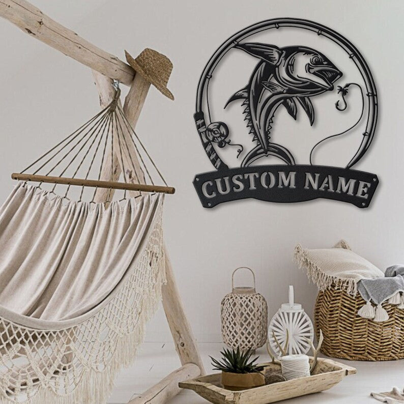 Personalized Dolphin Fishing Fish Pole Metal Sign Art Custom Dolphin Fishing Metal Sign Fishing Gift Decor Decoration Birthday Gift