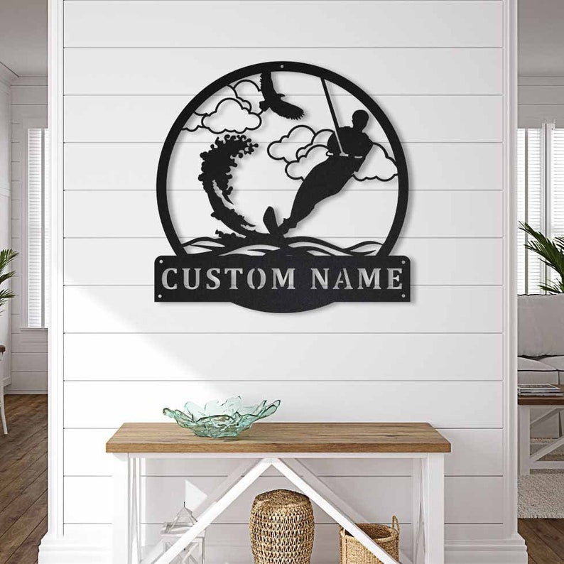 Personalized Water Skiing Monogram Metal Sign Art Water Skiing Antler Decor Water Skiing Metal Sign Housewarming Outdoor Metal