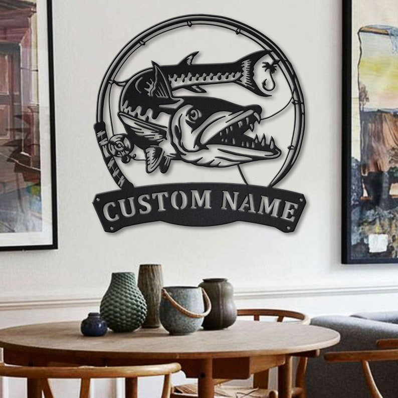 Personalized Barracudas Fishing Fish Pole Metal Sign Art Custom Barracudas Fishing Metal Sign Fishing Lover Home Decor Fishing Gift