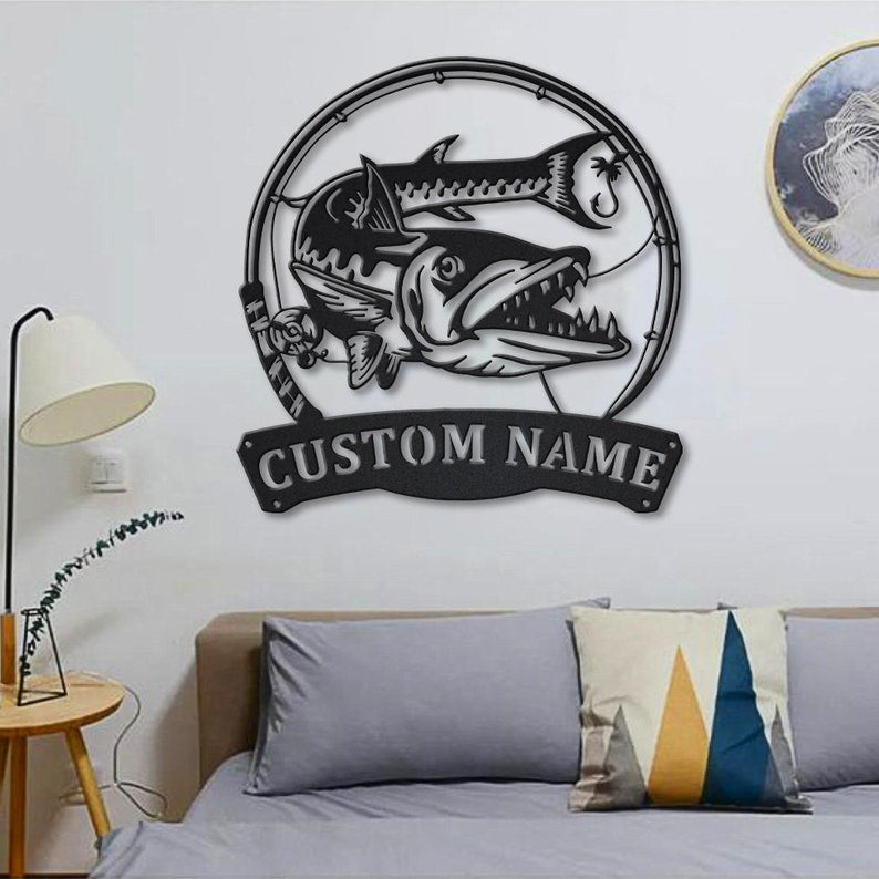 Personalized Barracudas Fishing Fish Pole Metal Sign Art Custom Barracudas Fishing Metal Sign Fishing Lover Home Decor Fishing Gift