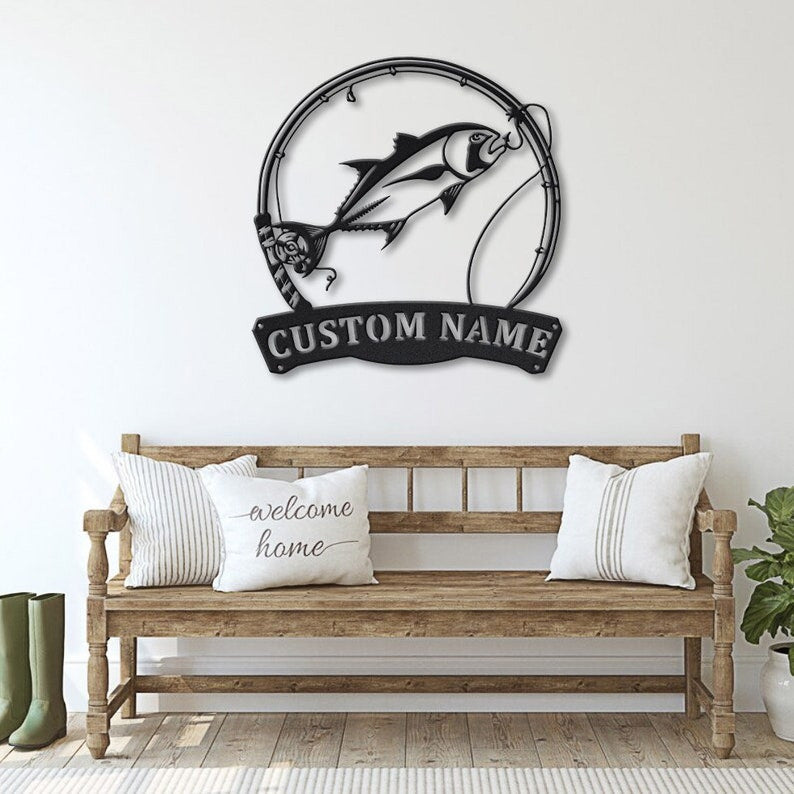 Personalized Giant Threadfin Fishing Fish Pole Metal Sign Art Custom Giant Threadfin Metal Sign Fishing Gifts for Men Marlin Fishing Gift