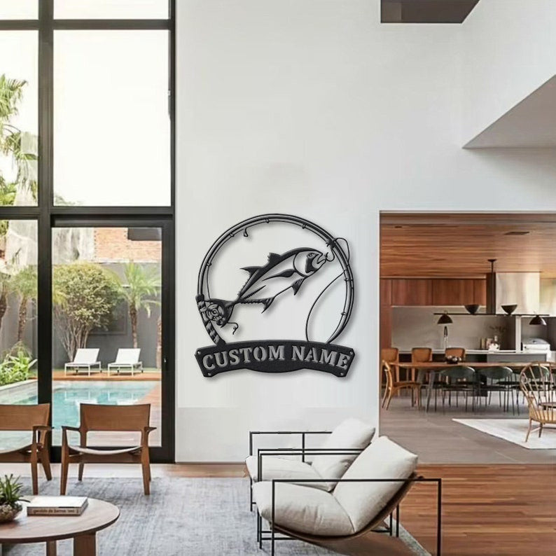 Personalized Giant Threadfin Fishing Fish Pole Metal Sign Art Custom Giant Threadfin Metal Sign Fishing Gifts for Men Marlin Fishing Gift