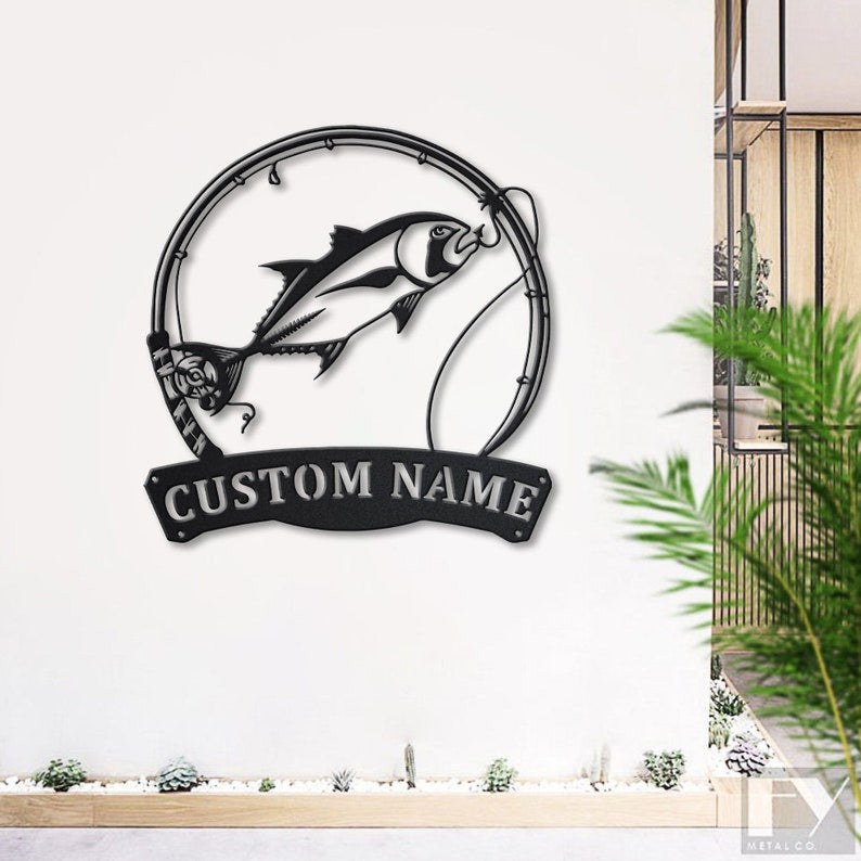 Personalized Giant Threadfin Fishing Fish Pole Metal Sign Art Custom Giant Threadfin Metal Sign Fishing Gifts for Men Marlin Fishing Gift