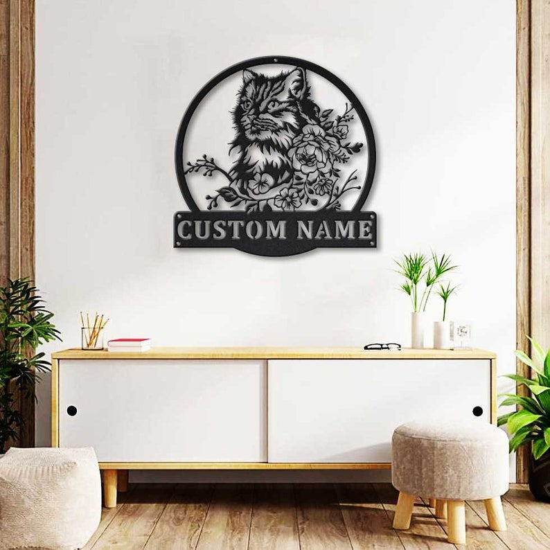 Personalized Cute Cat Floral Metal Sign Art Custom Cute Cat Floral Metal Sign Animal Funny Father's Day Gift Pets Gift