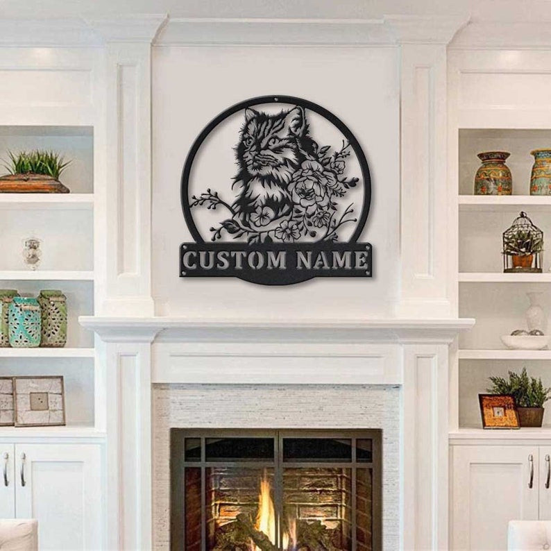 Personalized Cute Cat Floral Metal Sign Art Custom Cute Cat Floral Metal Sign Animal Funny Father's Day Gift Pets Gift