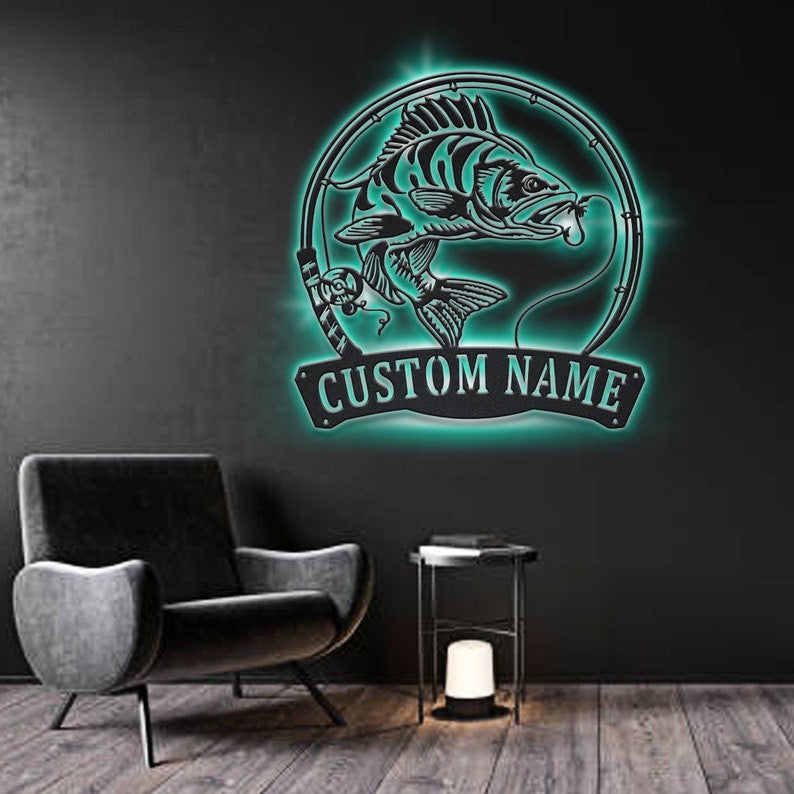Personalized Perch Fishing Fish Pole Metal Sign WITH LED/WITHOUT LED Lights Custom Perch Fishing Metal Sign Hobbie Gifts Perch Fish Sign