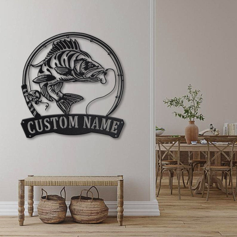 Personalized Perch Fishing Fish Pole Metal Sign WITH LED/WITHOUT LED Lights Custom Perch Fishing Metal Sign Hobbie Gifts Perch Fish Sign