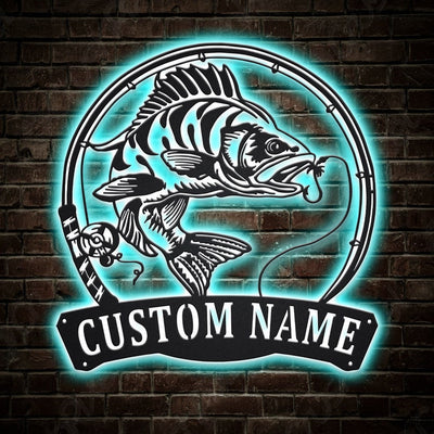Personalized Perch Fishing Fish Pole Metal Sign WITH LED/WITHOUT LED Lights Custom Perch Fishing Metal Sign Hobbie Gifts Perch Fish Sign