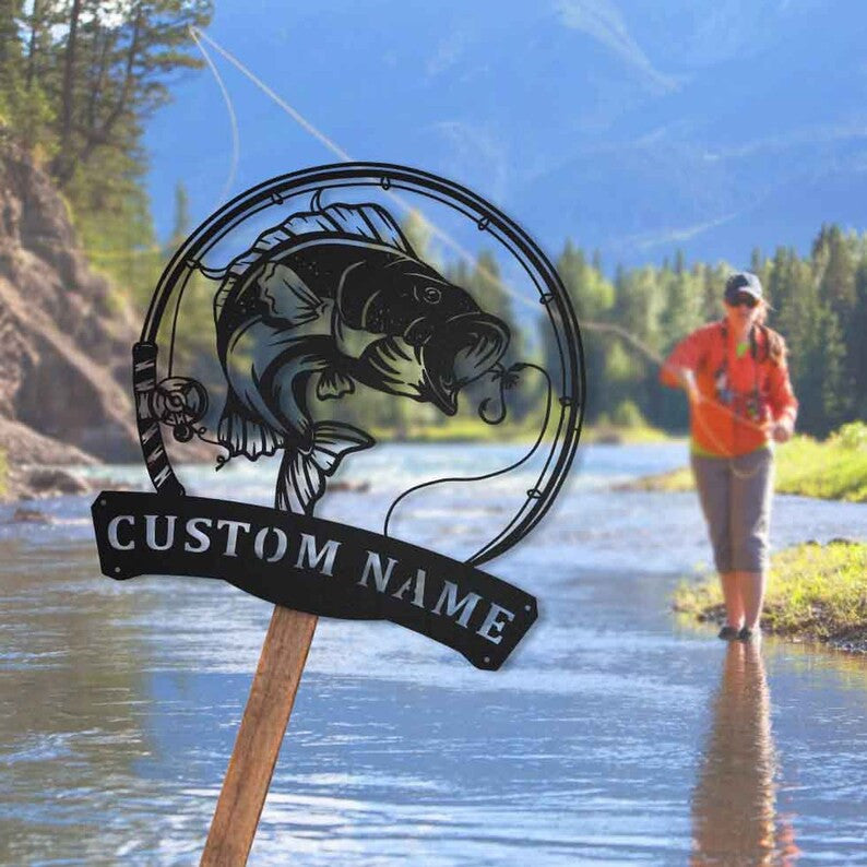 Personalized Bass Fishing Fish Pole Metal Sign Art Custom Fishing Bass Metal Sign Fishing Bass Gifts for Men Fishing Bass Gift