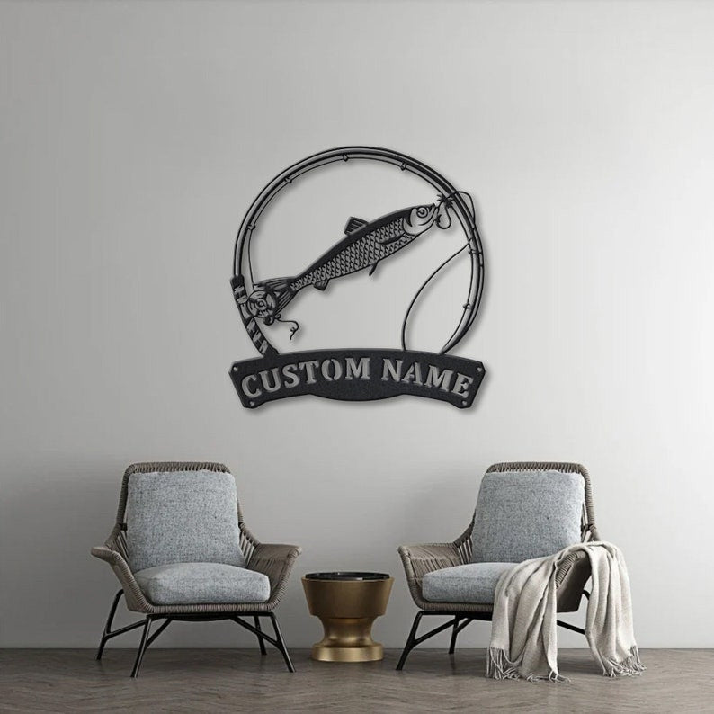 Personalized Herring Fishing Fish Pole Metal Sign Art Custom Herring Fishing Metal Sign Fishing Gift Decor Decoration