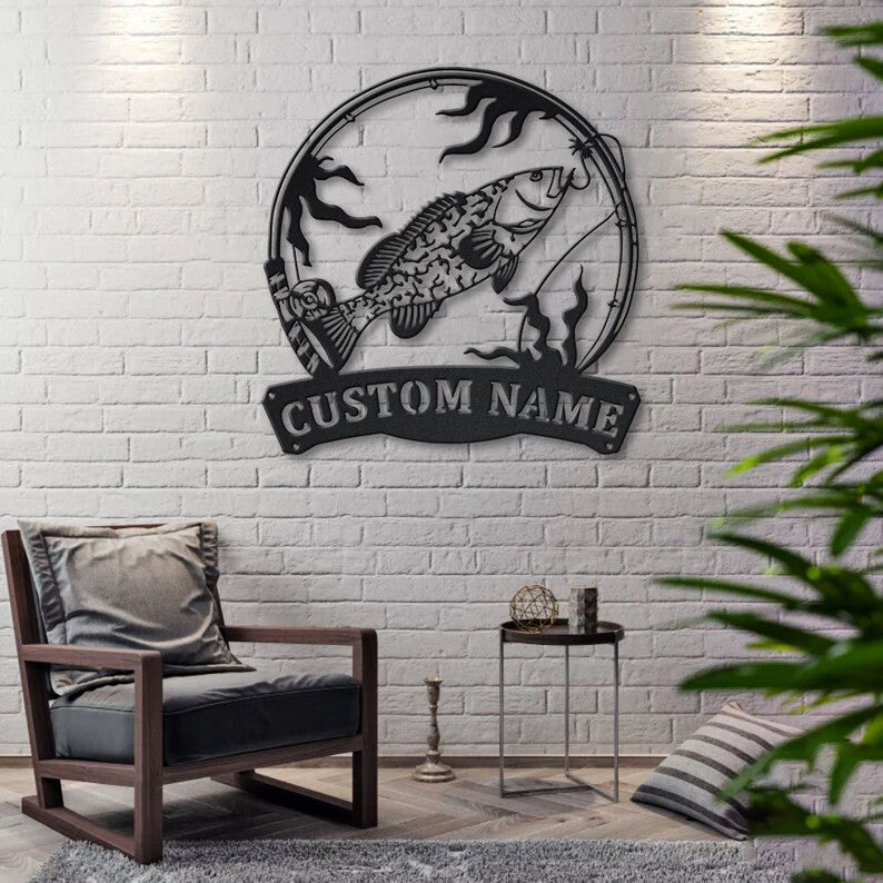 Personalized Black Crappie Fishing Fish Pole Metal Sign Art Custom Black Crappie Fishing Metal Sign Black Crappie Fishing Gift