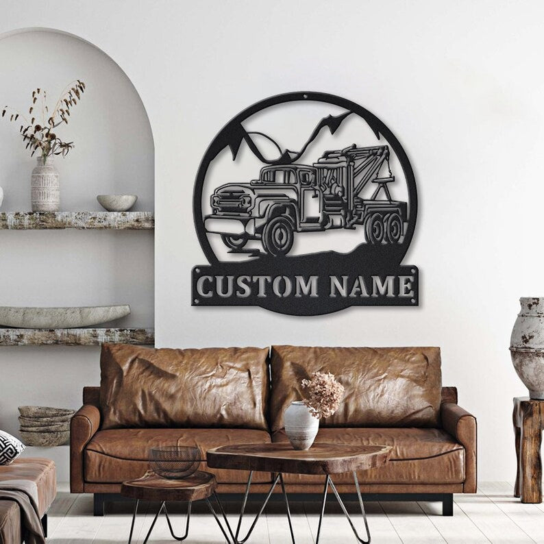 Personalized Tow Truck Monogram Metal Sign Art Custom Tow Truck Metal Wall Art Housewarming Outdoor Metal Sign , Job Gift